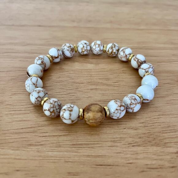 Howlite White Brown Beaded Bracelet - Picture 1 of 3